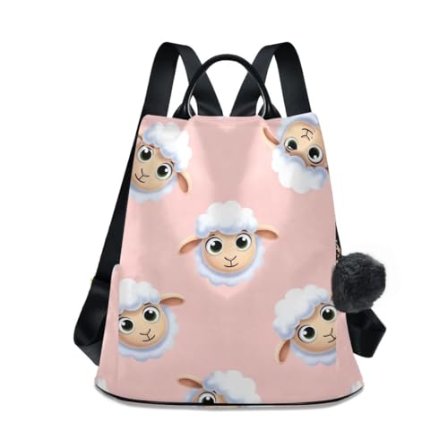 Sac à dos rose motif mouton pour femme avec poche antivol et pompon