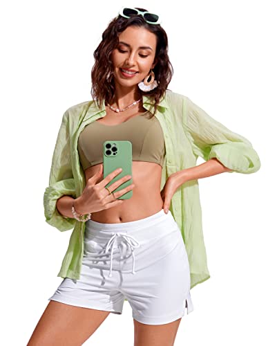 Crz Yoga Womens Swim Shorts 4'' - High Waisted Board Shorts Zipper Pocket Bathing Swimwear Shorts Side Split With Mesh Liner White X-Small #TOP2