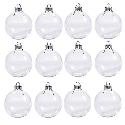 DULRLLY 12 Pieces Transparent Christmas Balls, 100mm/4 in DIY Fillable Clear Plastic Ornament Balls with A Silver Rope and Removable Metal Cap for New Years Christmas Holiday Decorations