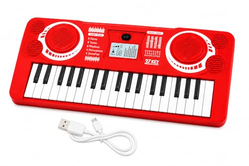 Image of Braintastic Kids Piano Keyboard with Microphone, 37 Keys, 8 Rhythms, 8 Tones with 6 in-Built Demos & Song Recording Feature for Boys & Girls (Red)