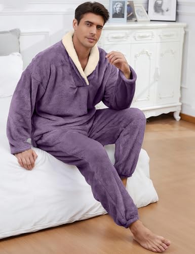 Image of Mens Fluffy Coral Fleece Pajamas Set Pullover Pants Loose Plush Warm Loungewear Sleepwear