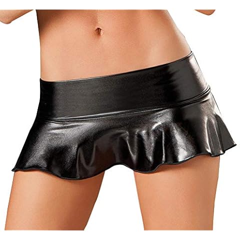 HOT DREAM Women Shiny Metallic Ruffle Pleated Micro Mini Short Skirt Faux Leather Wet Look Sexy Clubwear Dance Party Dress (Black) Cover