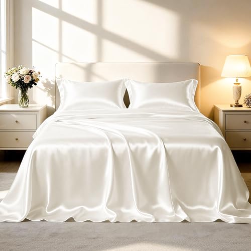 Love's cabin Full Size Satin Sheet Sets - 4 Piece Ivory Silky Sheet Set Full with Deep Pocket, Luxury Silk Feel Bed Sheets Full Bedding Set (1 Flat Sheet,1 Fitted Sheet,2 Pillow Cases)