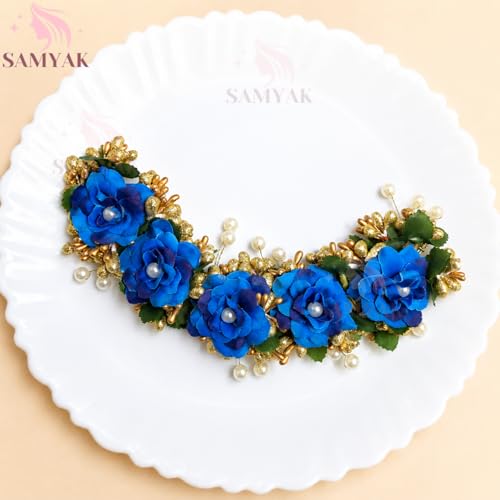 Image of Samyak Beautiful Hair Gajra Garland Handmade Floral Wedding Bridal Bridesmaid Hair Jewellery Bun | Juda Accessory | Tiara | Hair Vine | Hair Accessory | Hair Pin Clips Veni (Dark Blue)