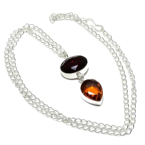 VACHEE Yellow Citrine, Red Garnet Quartz Multi-Stone Handmade Chain Pendant 2' Long For Women 925 Sterling Silver Plated Jewelry From 5785