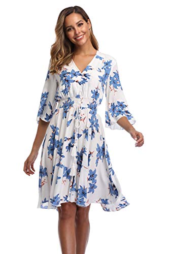 Image of VintageClothing Women's Floral Sundresses Flowy Boho Summer Beach Dress | Lightweight Breathable material,Elegant V Neck and Button Front Design,Flared Bell Sleeve Cut,Mini Casual dress