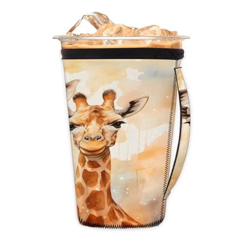 Giraffes Watercolor Reusable Neoprene Coffee Sleeve with Handle Insulated Iced Coffee Cup Holder Reduces Condensation Fits 24-28 oz Cups M