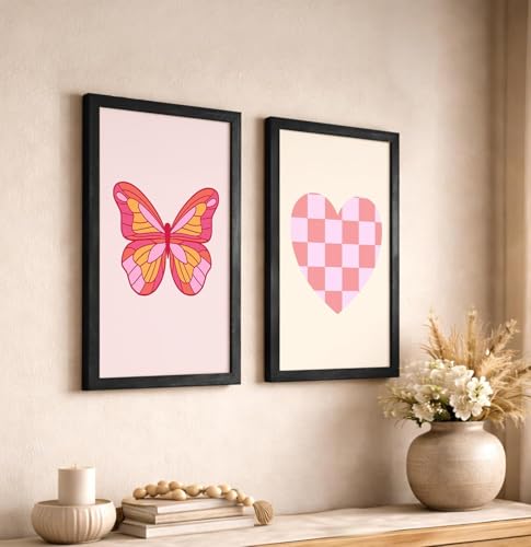 Image of NoWorries Pink Aesthetic Heart & Butterfly Wall Art Framed Painting Set | Cute Minimal Art Prints | Premium 300 GSM Paper Print with Synthetic Wooden Frame | Modern Wall Decor for Bedroom, Living Room, Girls Room & Studio (Set of 2) (BLACK, ART-3, 13X19INCHES)