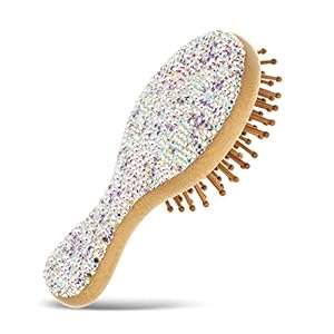 Sparkling Air Cushion Hair Brush Natural Wooden Paddle Mini – Pocket Travel Hairbrush with Round Wood Pins and Dazzling Artificial Diamonds
