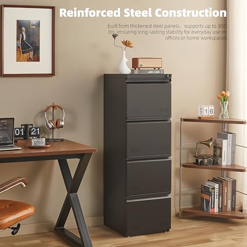Image of Guizeeopo Metal File Cabinet with Lock, Vertical 4 Drawer File Cabinets for Home Office, Heavy Duty Office Storage Cabinet for A4 /Letter /Legal Size, Assembly Required(Black)