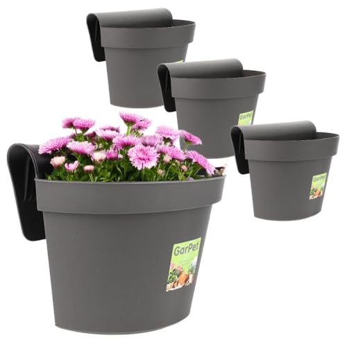 GarPet 4X Geländertopf Balkon mit Wasserspeicher Blumentopf Zaun Blumenkasten Geländer Geländerkasten Balkontopf Balkonkasten Anthrazit Außenbereich 21 x 29 x 23 cm
