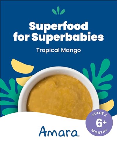 Image of Amara Organic Baby Food - Stage 2 - Tropical Mango - Baby Cereal to Mix With Breastmilk, Water or Baby Formula - Shelf Stable Baby Food Pouches Made from Organic Fruit - 14 Pouches, 3.5oz Per Serving