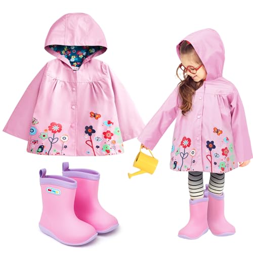 Image of Twistover 2 Pcs Toddler Raincoat Rain Boots Set Kids Baby Cartoon Hoodie Zipper Jacket Short Rain Shoes for Little Boys Girls