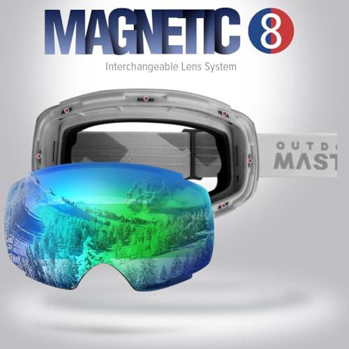 Image of OutdoorMaster Ski Goggles PRO - Frameless, Interchangeable Lens 100% UV400 Protection Snow Goggles for Men & Women ( Grey Frame VLT 18% Grey Lens with Full REVO Green and Free Protective Case ) | Frameless quick-change magnetic ski goggles for men and women with anti-fog, OTG fit, UV400 protection, carry case.