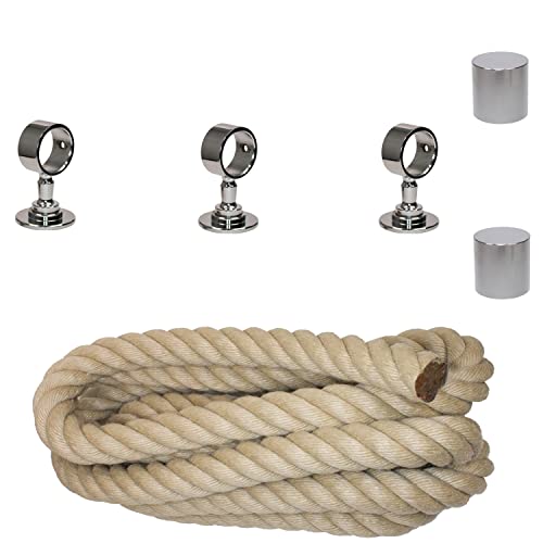 Handlaufseil-Set Ø 30 mm – 3 m Polyhanf-Seil „Nature Touch“ naturfarben mit 2 Endkappen & 3 Seilträger, verchromt | Treppe & Geländer