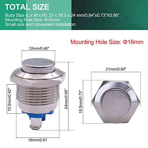 Twidec/16Mm Waterproof Stainless Steel Metal Shell Momentary Raised Top Push Button Switch 3A/12~250V Spst 1No Start Button For Car Modification Switch（Quality Assurance For 1 Years） M-16-T-G #TOP2