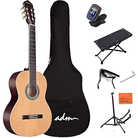 ADM Full Size Classical Nylon Strings Acoustic Guitar 39 Inch Classic Guitarra Starter Bundle for Adult with Free Lessons, Gig Bag, Tuner, Footstool, Kids Student Beginner Kits, Nature Cover