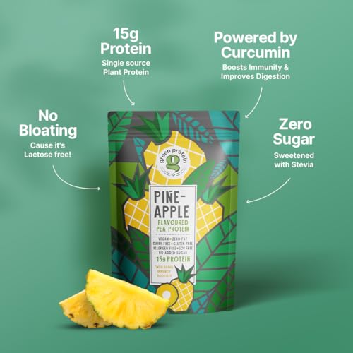 Image of GREEN PROTEIN Pea Protein Isolate Powder, Vegan Plant Protein, No Added Sugar, 100% Vegan, Soy Free, Dairy Free, Gluten Free, Allergen Free, Pineapple Flavor, 15g Protein Per Serving, Pouch (1kg)