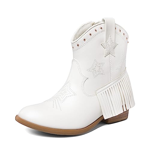 DREAM PAIRS Girls Cowgirl Cowboy Ankle Western Boots Side Zipper Riding Shoes with Tassel Little Kid/Big Kid 9 Toddler White