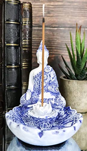 Ebros Gift Bhumisparsha Mudra Buddha Amitabha Meditating By Padma Lotus Flower Incense Holder Burner Figurine In Terracotta Blue And White 4.25" High Buddhist Eastern Enlightenment Feng Shui Decor #TOP6