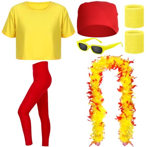 Cotwinter 6 Pcs Halloween Wrestler Costume for Women Yellow T-shirt Red Leggings Feather Boa Bandana Sunglasses Wristband(M)