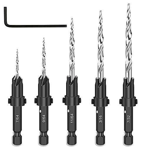 Bestgle穴開けドリル皿穴ドリルビット 面取り 六角軸木工ドリルセット 5本組 HSS木材皿穴ネジ 穴あけ 皿取錐ドリル ドリルDIY工具 木工用 L字型レンチ付き 7/64 9/64 11/64 3/16 7/32