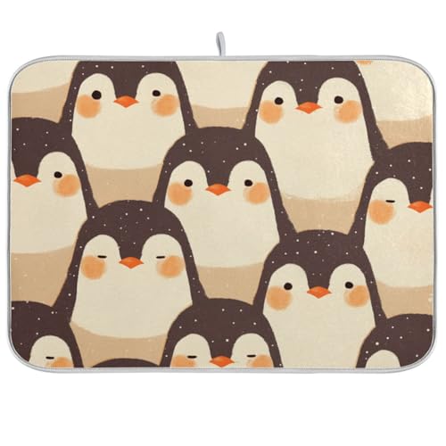 Bonito tapete de secado de platos de pingüino de dibujos animados de microfibra absorbente, bandeja escurridora de platos para vasos mojados de 18 x 24 pulgadas