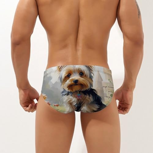 Yorkshire Terrier in Garden Men's Swim Briefs Sexy Bikini Swimsuit Beach Shorts Underwear Low Waist2