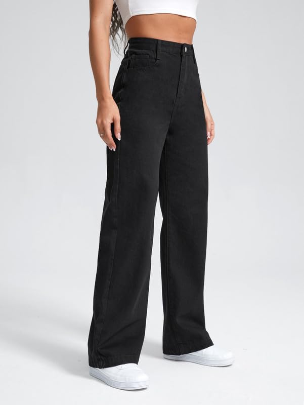 Image of DEELMO Women's High Waist Wide Leg Denim Jeans for Women | Straight Fit Full Length Casual Wear Pants
