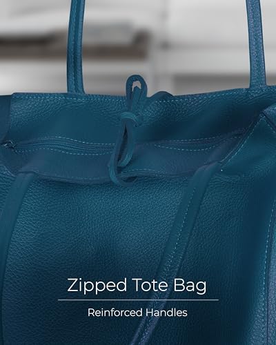 Image of Genuine Italian Leather Tote Bag for Women, Large Slouchy Purse, Teal | Unstructured bag, raw unlined interior with zip pocket, top zipper, side ties, folds flat, fits a 16-inch laptop, lightweight
