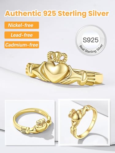 Bestyle 925 Sterling Silver Ring for Women, Minimalist Claddagh Ring Celtic Knot Ring for Women, Irish Promise Wedding Band, Gold/Rose Gold Vermeil Women Band Ring, Stackable, Gift for Her2