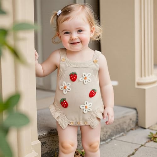 Newborn Infant Baby Girl Clothes Strawberry Embroidery Sleeveless Knit Ruffle Romper Sweater Overalls Bodysuit2