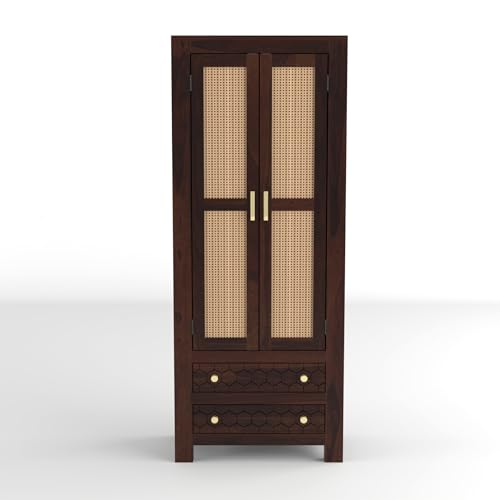 Image of PS DECOR Solid Sheesham Wood Book Shelf Cabinet with Cane Rattan Doors & 2 Drawers | Modern Wooden Bookshelf Storage Unit for Home Library, Living Room & Office (Walnut Finish)
