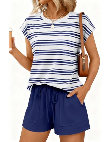 Image of AUTOMET Womens Crew Neck Two Piece Short Sets Cap Sleeve Drawstring Summer Sweatsuit with Pocket