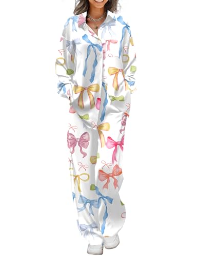 Image of Ekouaer Womens Satin Silky Pajama Set 2 Piece Print PJs Soft Loungewear Button Down Sleepwear with Elastic Waist Long Pants