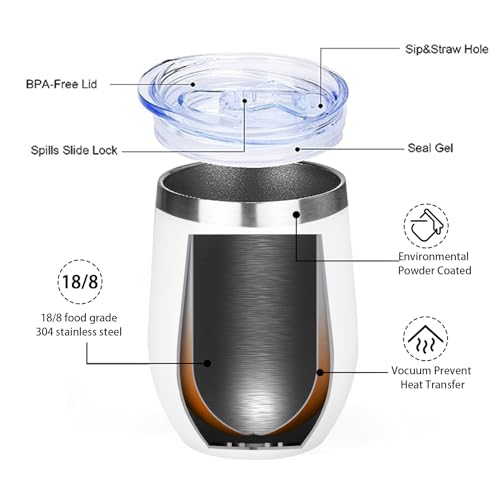 Image of MEZMUT 12oz Insulated Wine Tumbler with Lid Double Wall Vacuum Stainless Steel Wine Glass Coffee Mug Insulated Tumbler Cup for Champaign, Cocktail, Beer (White,4 Pack)