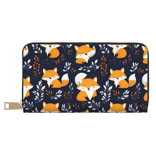 Smiling Cute Fox Print Wallet Women Men, Long PU Leather Wallets for Women, Cute Womens Travel Wallet Purse Pouch with Zipper Pocket