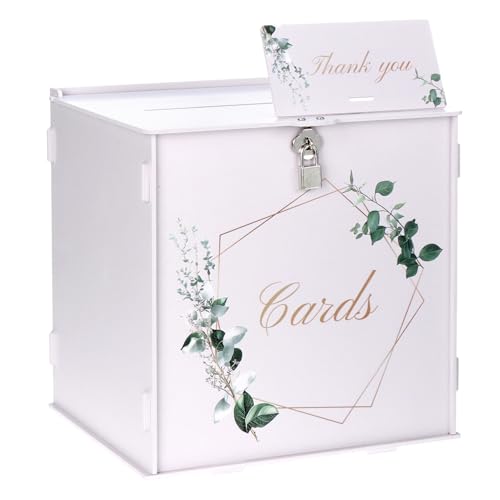 QWORK 26 cm Caixa de cartões de casamento elegante com fechadura e cartão de agradecimento, caixa de presente branca de PVC para recepção de casamento e decoração de festas