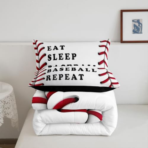 Image of Feelyou Baseball Comforter Set Queen Size Ball Pattern Bedding Set for Kids Boys Girls Eat Sleep Sports Theme Duvet Quilt Bedroom Decor Microfiber 3 Pcs with 2 Pillow Cases