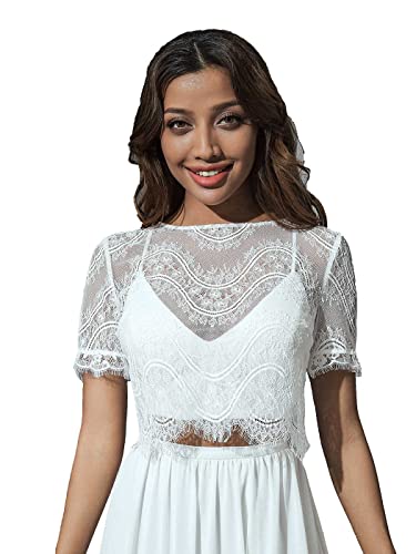 Unicra Abend Spitze Bolero Hochzeit Kurzarm Schulterhochzeit Blume Spitze Topper Schultererhöhung Top Kurz Kleid Umhang Jacke für Frauen und Braut, weiß, 38，（S）