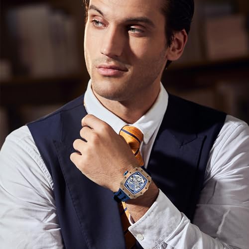 Image of TSAR BOMBA Men's Automatic Watch Tonneau Luxury Skeleton Watches for Men Mechanical 50M Waterproof Analogue Watches Mens Unique Cool Square Big Face Dial Wristwatch with Silicone Strap Band