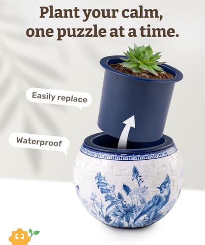 Image of PieceRelax 3D Puzzle Planter 80 Pieces - Flower Pot - Oriental Birds and Flowers, for Mom, Home Decor Flower Pots for Indoor Cactus, Succulents Pots [K1115]