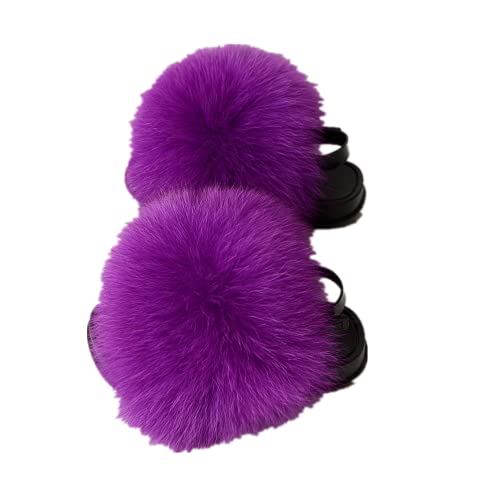 LVCOMEFF Girls Toddler Real Fox Fur Sandals Slides Fluffy Fuzzy for Kid Child (Purple