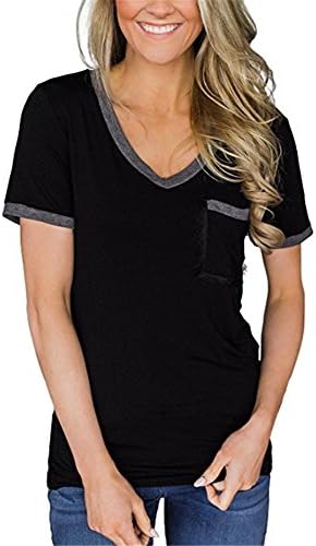 Godzgift Womens Casual V Neck Gray Trimmed Short Sleeve Pocket T-Shirts Black, Small