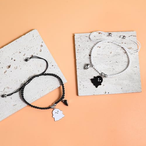 Image of 2Pcs Love Heart Couple Matching Bracelet Set Adjustable Braide Rope Halloween Mummy Ghost Pumpkin Hat Wizard Bracelet for Women Men Lover Friend Friendship Jewelry