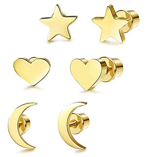 Fu You Pendientes de Acero Inoxidable 3 Pares Aretes de Estrella Luna y Corazón de Las Pequeños Pendientes para Mujer Hombre (Oro)