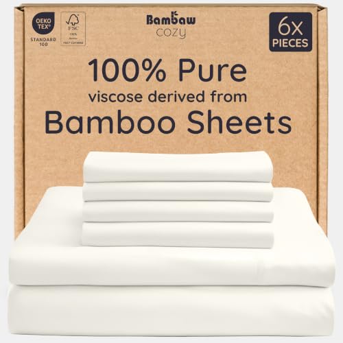 Bambaw King Sheet Set 6pcs – 100% Viscose Derived from Bamboo Sheets King Deep Pocket, Fits Up to 16'' with Elastic Corner Straps, King Cooling Sheets, Hotel Luxury Bed Sheets Set (Ivory)