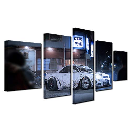 Tableau voiture blanche moderne en toile 5 panneaux pour décoration murale de salon