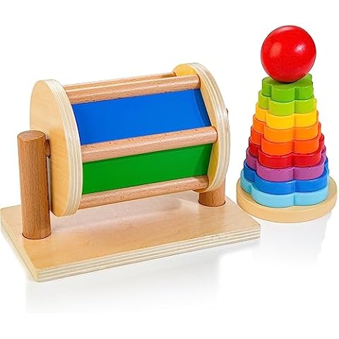 JUSTWOOD Spinning Drum for Babies 6M+, Spinning Rainbow Baby Toy, Montessori Baby Toys Play Kit, Medium Spinning Drum and Shape Stacker for 6-12 Months Toddlers, Gift for One Year Old Boys and Girls Cover