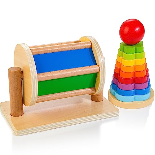 Image of JUSTWOOD Spinning Drum for Babies 6M+, Rainbow Baby Toy, Montessori Baby Toys Play Kit, Medium Drum and Shape Stacker for 6-12 Months Toddlers, Gift for One Year Old Boys and Girls